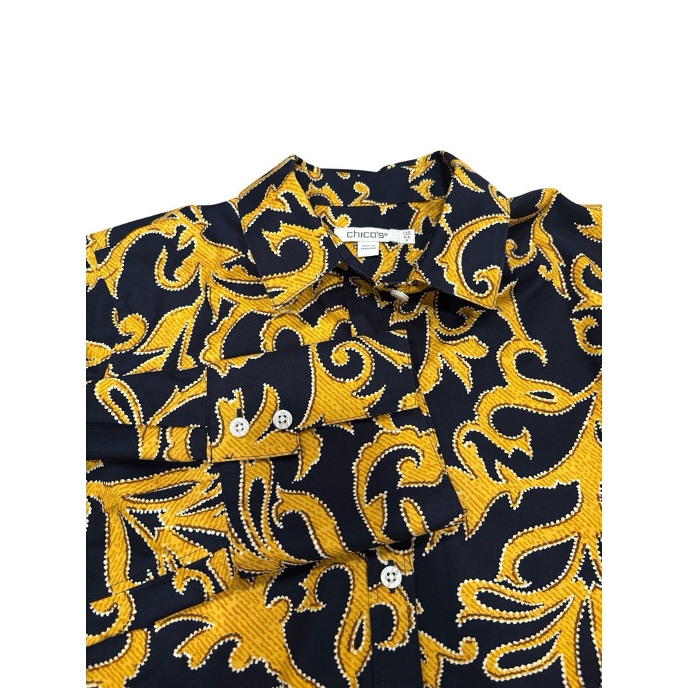 Chicos Shirt Size 6 Navy Blue &‎ Gold Print Button Down Top